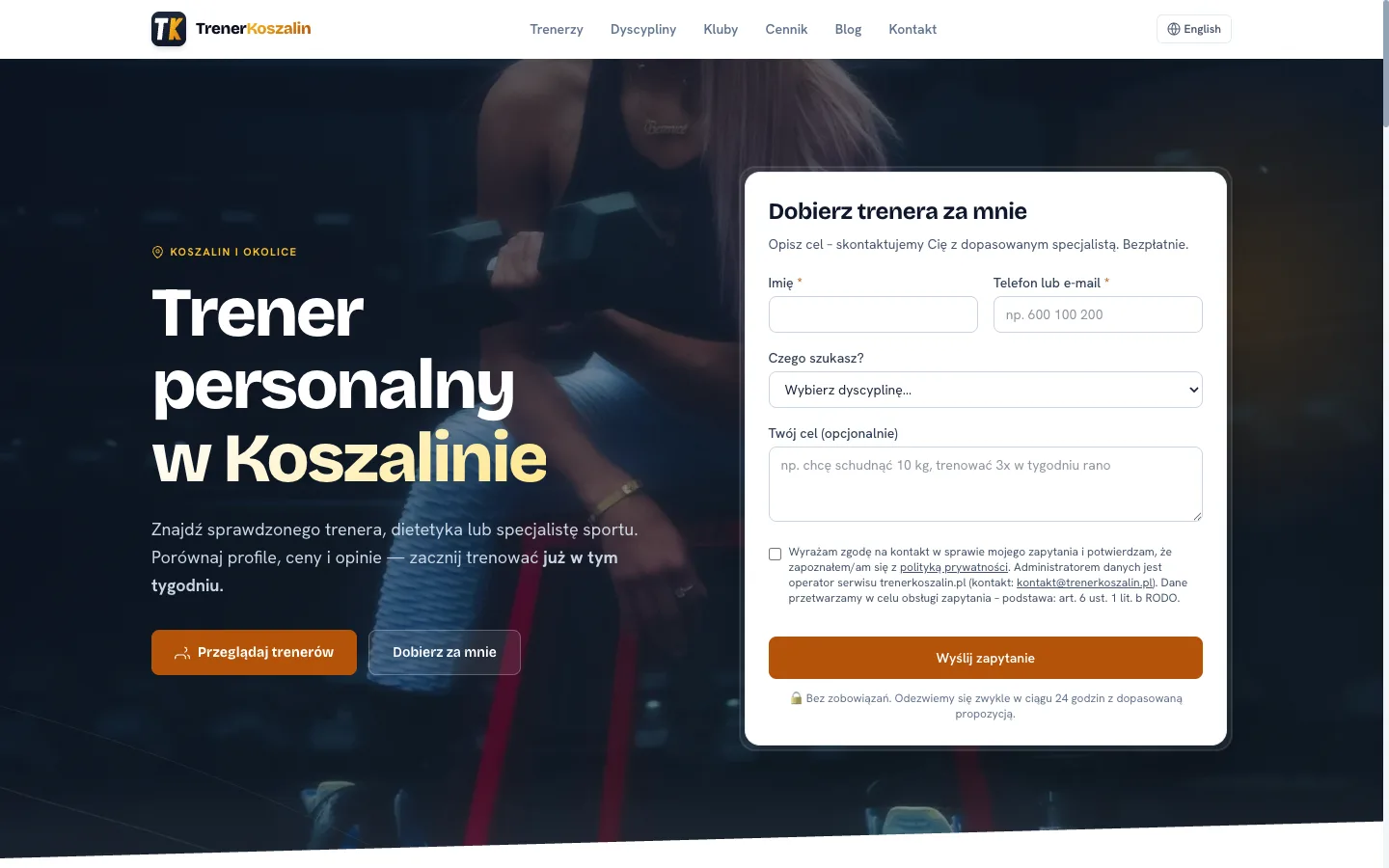 trenerkoszalin.pl – strona WWW trenera personalnego + SEO – projekt KlinWeb